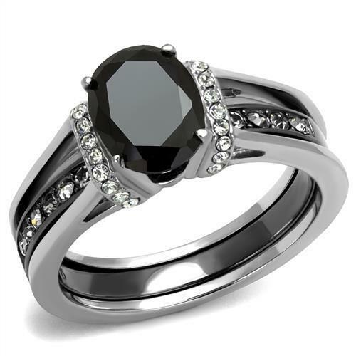 Jewellery Kingdom Ladies Oval Jet Cz Engagement Wedding Guard Stainless Steel Ring Set (Black) - Engagement Rings - British D'sire