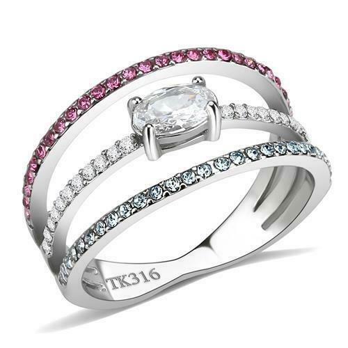 Jewellery Kingdom Ladies Oval Pink Ruby Aquamarine Band Stainless Steel Illusion Ring - Rings - British D'sire Main image