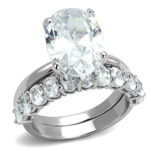 Jewellery Kingdom Ladies Oval Wedding Engagement Band Set 2pcs 7K Rhodium Ring (Silver) - Engagement Rings - British D'sire