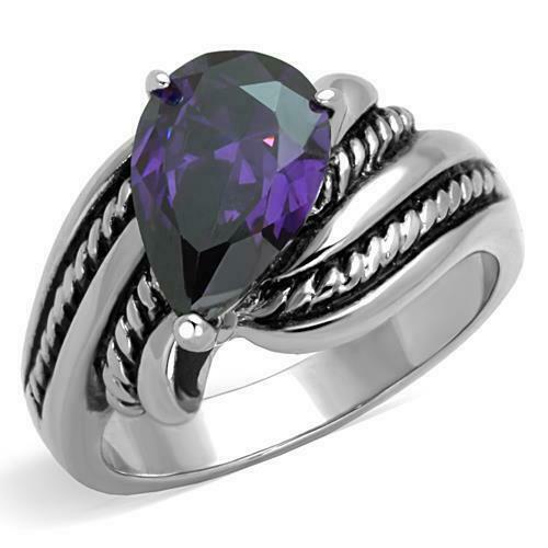 Jewellery Kingdom Ladies Pear Cz Purple Pave 4 Carat Stainless Steel Silver Amethyst Ring - Jewelry Rings - British D'sire Main image