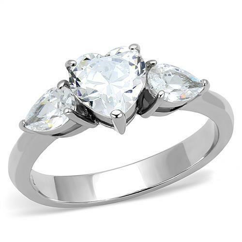 Jewellery Kingdom Ladies Pear Heart Three Stone Cut Cubic Zirconia Stainless Steel Ring (Silver) - Jewelry Rings - British D'sire Main image