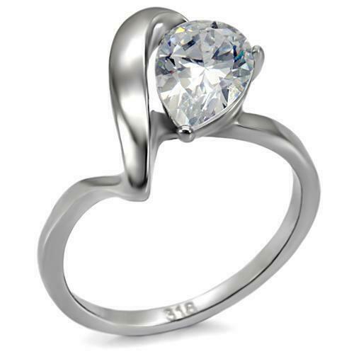 Jewellery Kingdom Ladies Pear Solitaire Cz Stainless Steel Twist 3 Carat Ring (Silver) - Jewelry Rings - British D'sire Main image