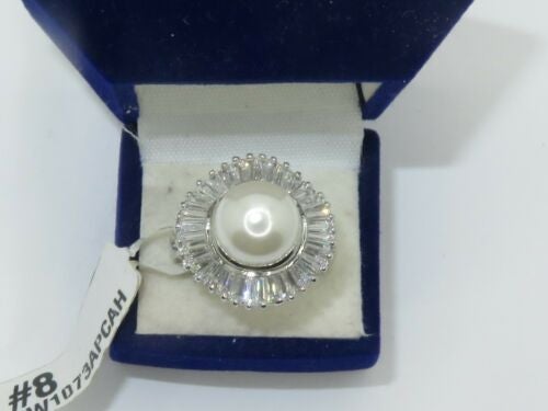 Jewellery Kingdom Ladies Pearl Baguettes Cream Cocktail Statement Sparkling Rhodium Ring - Rings - British D'sire