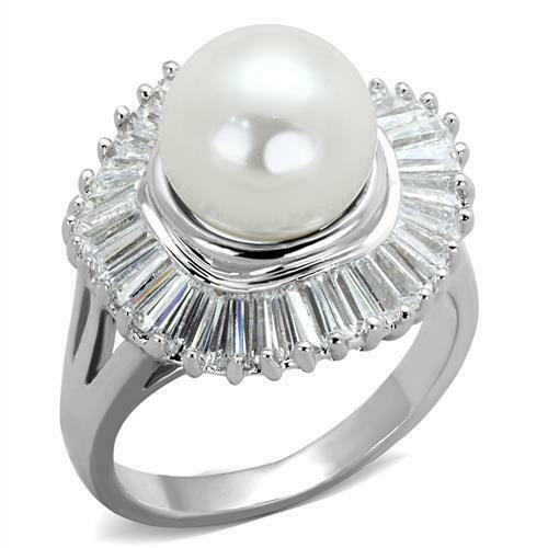 Jewellery Kingdom Ladies Pearl Baguettes Cream Cocktail Statement Sparkling Rhodium Ring - Rings - British D'sire