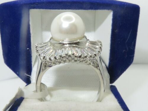 Jewellery Kingdom Ladies Pearl Baguettes Cream Cocktail Statement Sparkling Rhodium Ring - Rings - British D'sire