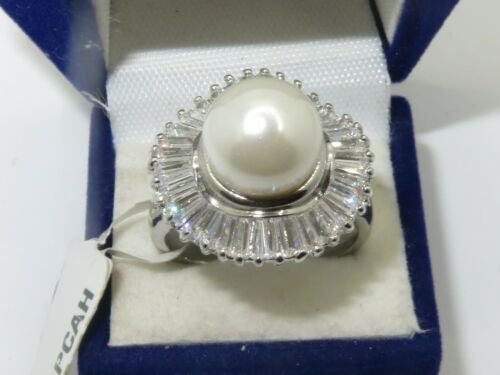 Jewellery Kingdom Ladies Pearl Baguettes Cream Cocktail Statement Sparkling Rhodium Ring - Rings - British D'sire
