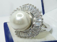 Jewellery Kingdom Ladies Pearl Baguettes Cream Cocktail Statement Sparkling Rhodium Ring - Rings - British D'sire