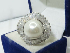 Jewellery Kingdom Ladies Pearl Baguettes Cream Cocktail Statement Sparkling Rhodium Ring - Rings - British D'sire