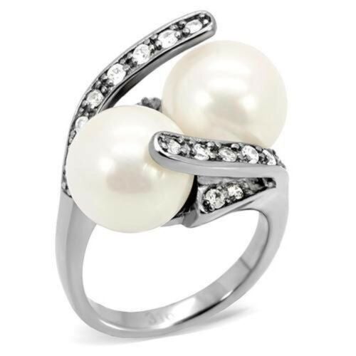 Jewellery Kingdom Ladies Pearl Cream Cubic Zirconia Stainless Steel Cocktail Statement Ring (Silver) - Jewelry Rings - British D'sire Main image