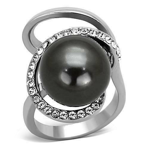 Jewellery Kingdom Ladies Pearl Grey Cocktail Stainless Steel CZ Statement Orbit Ring (Silver) - Jewelry Rings - British D'sire Main image