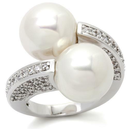 Jewellery Kingdom Ladies Pearl Rhodium Double Cream Cocktail Pave Cubic Zirconia Dress Ring (Silver) - Jewelry Rings - British D'sire Main image