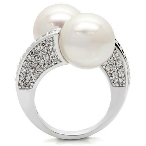 Jewellery Kingdom Ladies Pearl Rhodium Double Cream Cocktail Pave Cubic Zirconia Dress Ring (Silver) Secondary image
