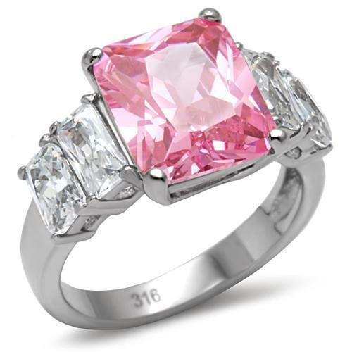 Jewellery Kingdom Ladies Pink Emerald Cut Cz Clear Stainless Steel Cubic Zirconia Ring - Jewelry Rings - British D'sire Main image