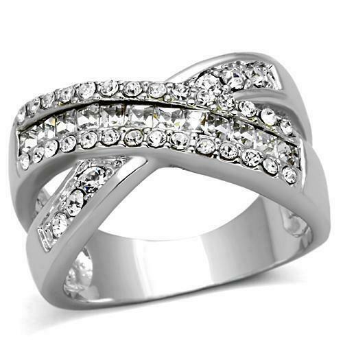 Jewellery Kingdom Ladies Princess Cut Pave Band Cubic Zirconia Rhodium Crossover Ring - Jewelry Rings - British D'sire Main image