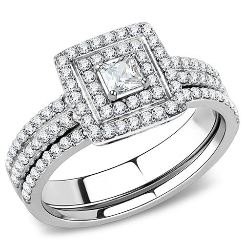 Jewellery Kingdom Ladies Princess Engagement Wedding Band Set Stainless Steel Ring (Silver) - Engagement Rings - British D'sire Main image