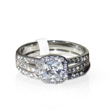 Jewellery Kingdom Ladies Princess Engagement Wedding Band Stainless Steel 2pcs Ring Set (Silver) - Jewelry Rings - British D'sire Main image