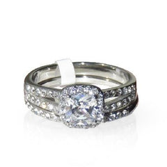 Jewellery Kingdom Ladies Princess Engagement Wedding Band Stainless Steel 2pcs Ring Set (Silver) - Jewelry Rings - British D'sire
