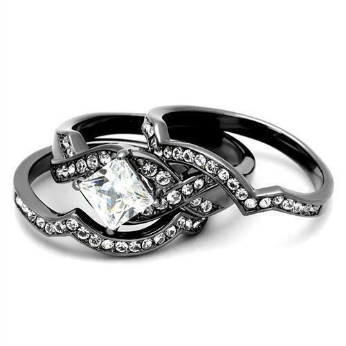 Jewellery Kingdom Ladies Princess Wedding Engagement Bands Set Gun Metal Steel Ring - Engagement Rings - British D'sire Main image