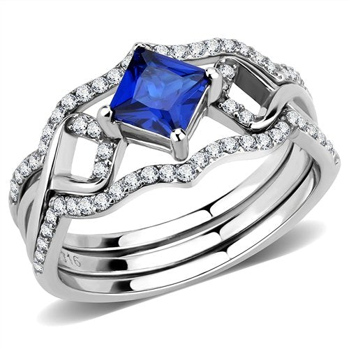 Jewellery Kingdom Ladies Princess Wedding Engagement Set Bands Stainless Steel Sapphire Ring - Engagement Rings - British D'sire Main image
