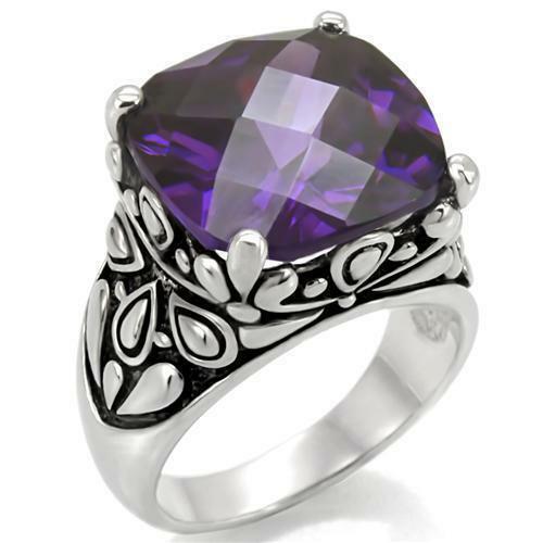 Jewellery Kingdom Ladies Purple Amethyst Cushion Cut Stainless Steel Cocktail Ring - Jewelry Rings - British D'sire Main image