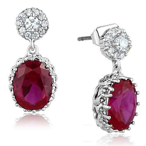 Jewellery Kingdom Ladies Red Ruby Dangle Drop Oval 2 Carat Per Ear Silver Rhodium Earrings - Earrings - British D'sire Main image
