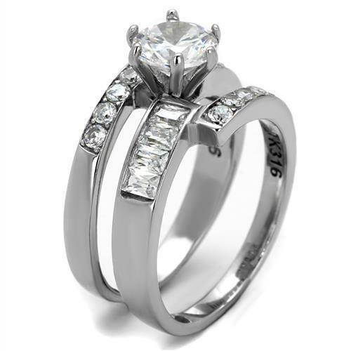 Jewellery Kingdom Ladies Ring Set Cz Wedding Engagement Band Stainless Steel Silver Emerald Cut Secondary image