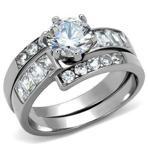 Jewellery Kingdom Ladies Ring Set Cz Wedding Engagement Band Stainless Steel Silver Emerald Cut - Jewelry Rings - British D'sire Main image