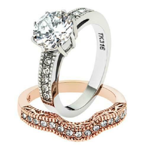Jewellery Kingdom Ladies Ring Set Rose Gold Stainless Steel Wedding Engagement Band Cz 2pcs - Jewelry Rings - British D'sire Main image