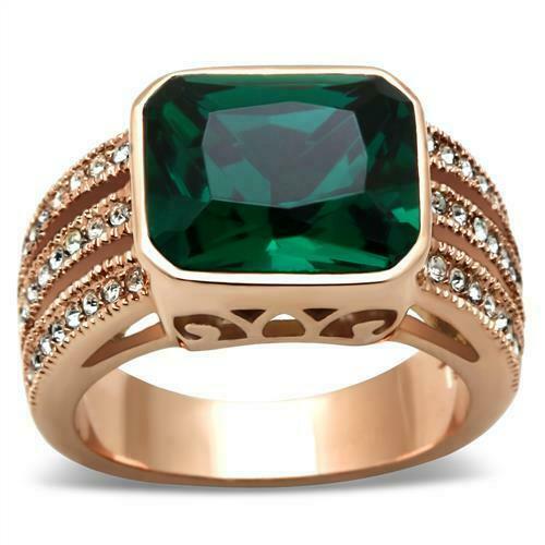 Jewellery Kingdom Ladies Rose Gold Emerald Bezel Steel 4 Carat Pave Cubic Zirconia Size J L Ring (Green) - Jewelry Rings - British D'sire