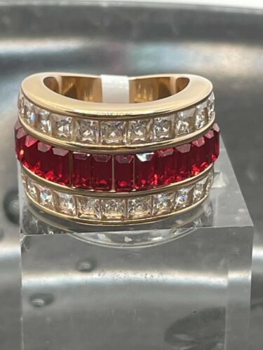 Jewellery Kingdom Ladies Rose Gold Princess Emerald Ruby Steel Cubic Zirconia Ring (Red) - Jewelry Rings - British D'sire