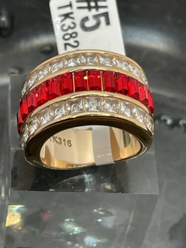 Jewellery Kingdom Ladies Rose Gold Princess Emerald Ruby Steel Cubic Zirconia Ring (Red) - Jewelry Rings - British D'sire