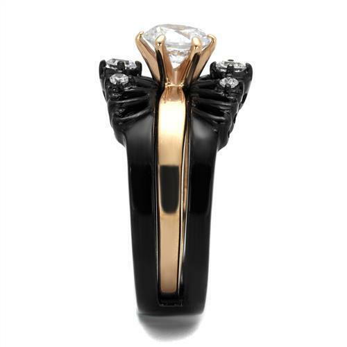 Jewellery Kingdom Ladies Rose Gold Ring Set Black Guard Engagement Solitaire Band 2 Carat Gold Ring - Jewelry Rings - British D'sire Main image