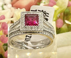 Jewellery Kingdom Ladies Ruby Princess Cut Engagement Wedding Band Stainless Steel Ring Set - Jewelry Rings - British D'sire
