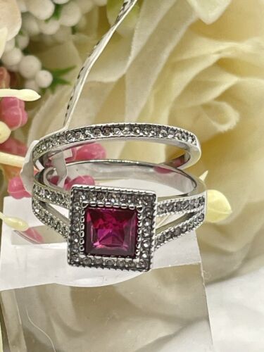 Jewellery Kingdom Ladies Ruby Princess Cut Engagement Wedding Band Stainless Steel Ring Set - Jewelry Rings - British D'sire