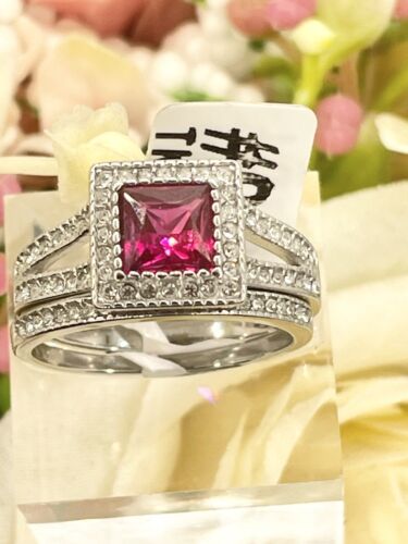 Jewellery Kingdom Ladies Ruby Princess Cut Engagement Wedding Band Stainless Steel Ring Set - Jewelry Rings - British D'sire