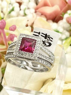 Jewellery Kingdom Ladies Ruby Princess Cut Engagement Wedding Band Stainless Steel Ring Set - Jewelry Rings - British D'sire