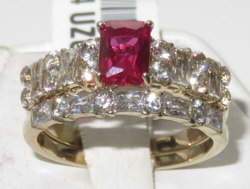 Jewellery Kingdom Ladies Ruby Set Emerald Cut Engagement Wedding Band 18kt Steel Ring (Gold) - Engagement Rings - British D'sire