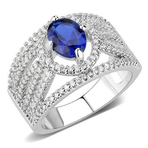 Jewellery Kingdom Ladies Sapphire Cz Oval 2 Carat Silver Rhodium Dress Pretty Ring (Blue) - Jewelry Rings - British D'sire Main image