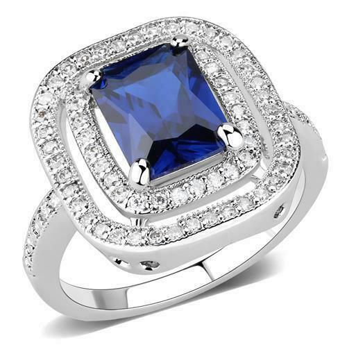 Jewellery Kingdom Ladies Sapphire Emerald Cut Accents Silver Rhodium CZ Sparkling Ring (Blue) - Jewelry Rings - British D'sire Main image