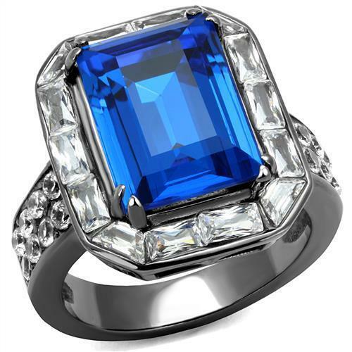 Jewellery Kingdom Ladies Sapphire Emerald Cut Cz Stainless Steel Cocktail Silver Ring - Jewelry Rings - British D'sire Main image