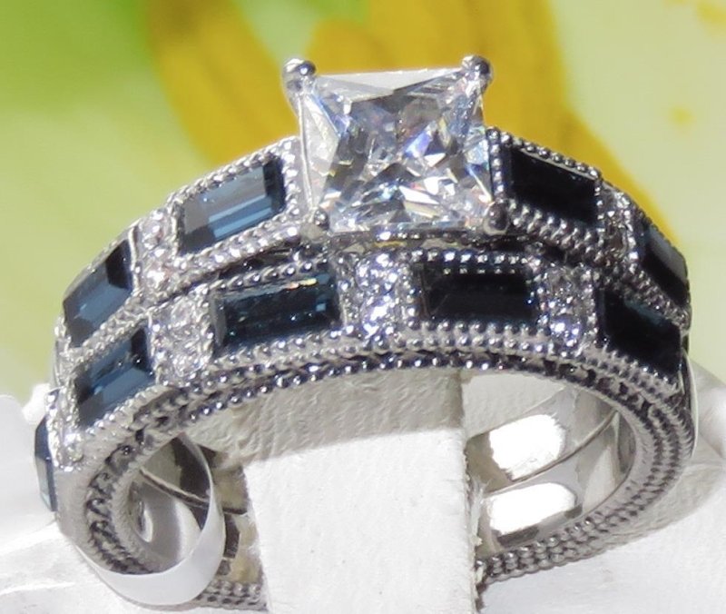 Jewellery Kingdom Ladies Sapphire Emerald Princess Engagement Wedding Band Steel Ring Set - Engagement Rings - British D'sire Main image