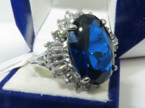 Jewellery Kingdom Ladies Sapphire Oval Cocktail Cubic Zirconia Baguettes Stainless Steel Ring Blue - Jewelry Rings - British D'sire