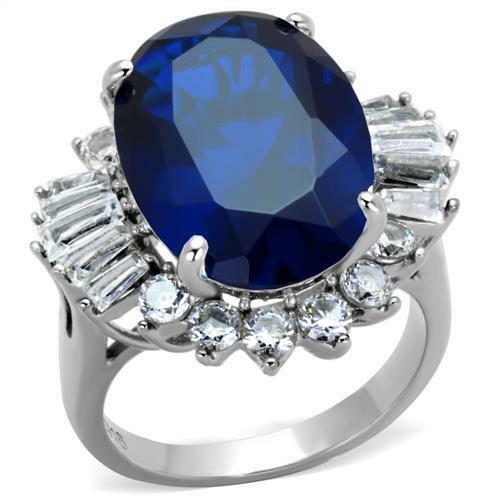 Jewellery Kingdom Ladies Sapphire Oval Cocktail Cubic Zirconia Baguettes Stainless Steel Ring Blue - Jewelry Rings - British D'sire Main image