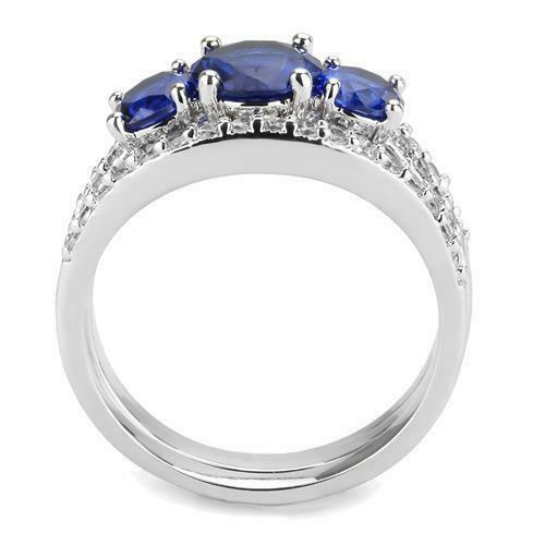 Jewellery Kingdom Ladies Sapphire Three Stone 3pcs Cz Silver Rhodium Band Ring Set (Blue) - Jewelry Rings - British D'sire