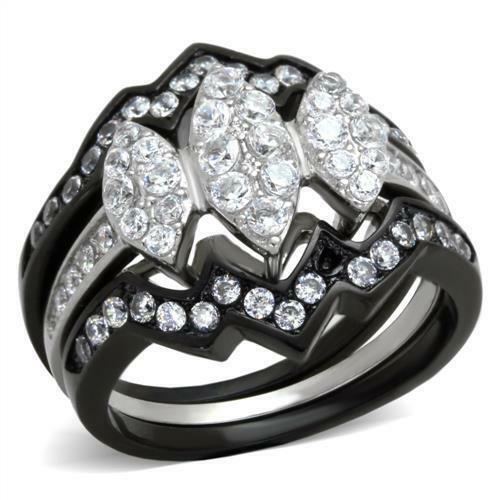 Jewellery Kingdom Ladies Set Cubic Zirconia Engagement & Wedding Bands Stainless Steel 3pcs Ring (Black) - Jewelry Rings - British D'sire Main image