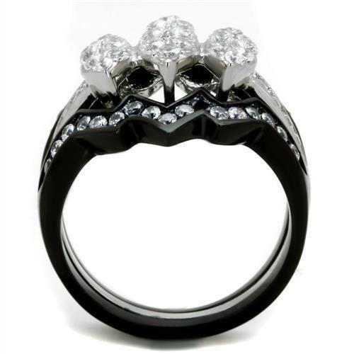 Jewellery Kingdom Ladies Set Cubic Zirconia Engagement & Wedding Bands Stainless Steel 3pcs Ring (Black) - Jewelry Rings - British D'sire
