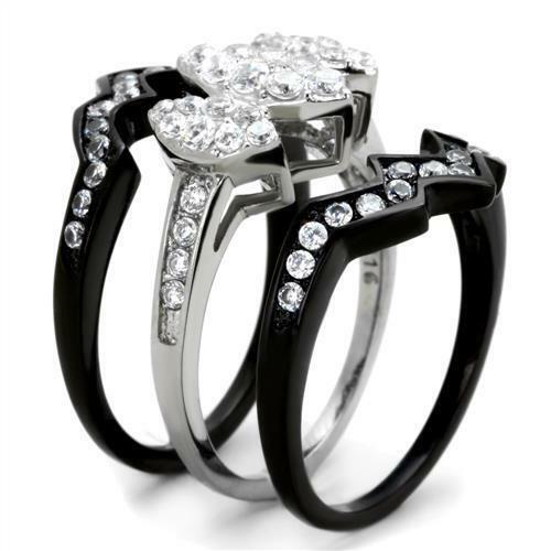 Jewellery Kingdom Ladies Set Cubic Zirconia Engagement & Wedding Bands Stainless Steel 3pcs Ring (Black) - Jewelry Rings - British D'sire
