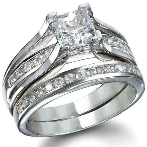 Jewellery Kingdom Ladies Set Cz Princess Set Engagement Wedding Band Sterling Silver Ring - Jewelry Rings - British D'sire Main image