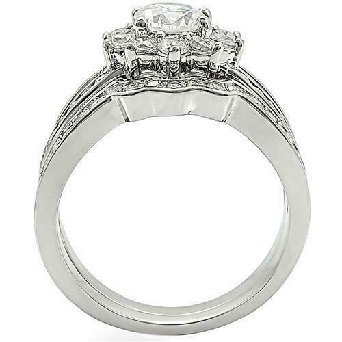 Jewellery Kingdom Ladies Set Engagement Wedding Band 2pcs Rhodium Flower Sparkling Ring (Silver) - Engagement Rings - British D'sire Main image