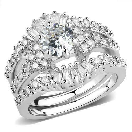 Jewellery Kingdom Ladies Set Engagement Wedding Band Baguettes 3pcs Sparkling 3pcs Cubic Zirconia Ring - Jewelry Rings - British D'sire Main image